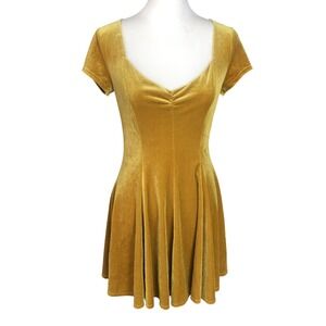 Kimchi Blue Golden Mustard Velvet Sweetheart Ruched Fit and Flair Mini Dress S